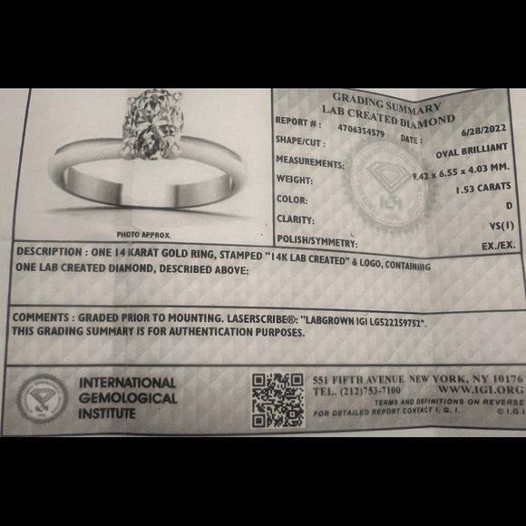 Diamond Engagement Ring 1.53 Ct. Oval Lab Created White gold sz 4 3/4 Kay J. - Picture 8 of 9